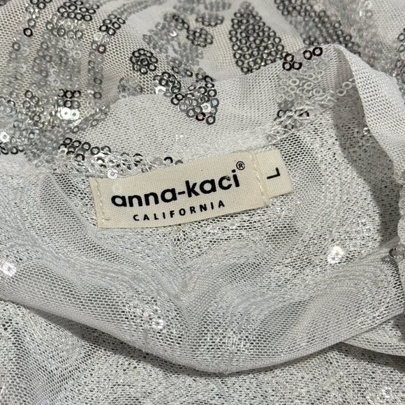 Anna Kaci Kimono L Cardigan Duster Silver Sequins Sheer Party Holiday Sexy - Picture 10 of 12
